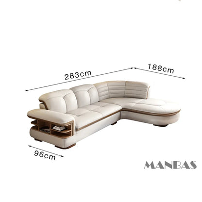L-Shaped Genuine Leather Sectional Sofa Sets with USB, Bluetooth Speaker
