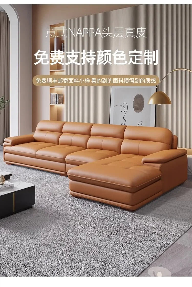 Nordic Italian light luxury leather sofa with a top layer of cowhide, modern and minimalist living room size,  art sofa