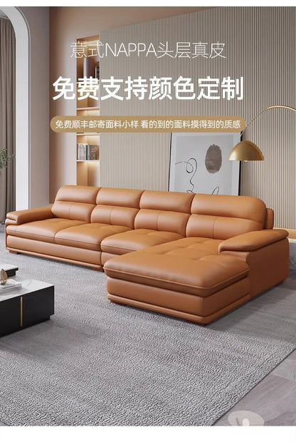 Nordic Italian light luxury leather sofa with a top layer of cowhide, modern and minimalist living room size,  art sofa