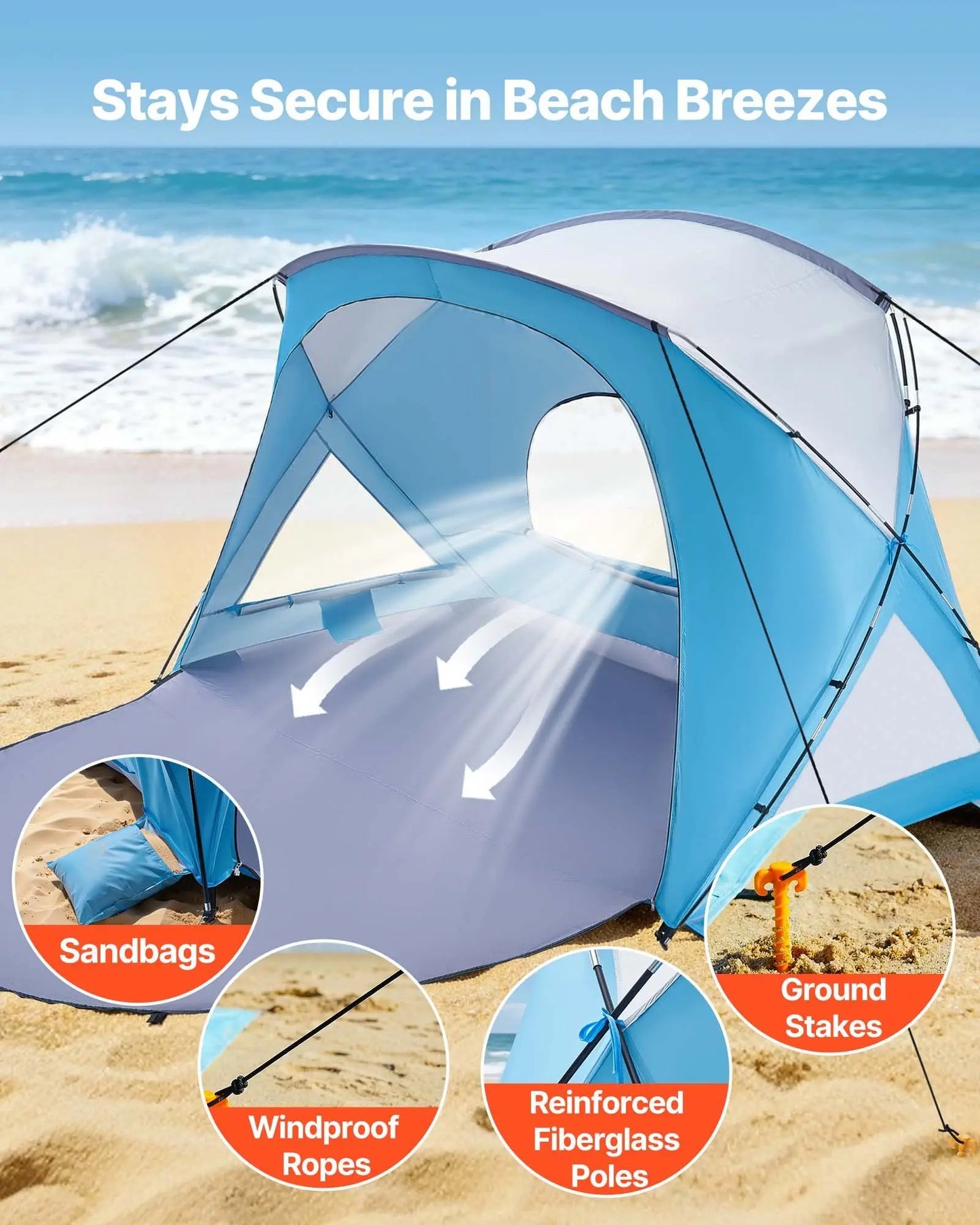 Beach Tent Sun Shelter for 6 Person, UPF 50+ Protection, Portable Sun Shade Canopy with Carrying Bag & Sand Pockets,