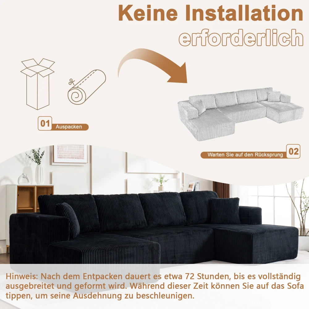 Living Room Boneless Modular Sofa, Corduroy Fabric, Modern U-shaped Leisure Sofa, High-density Sponge, No Assembly, for Home