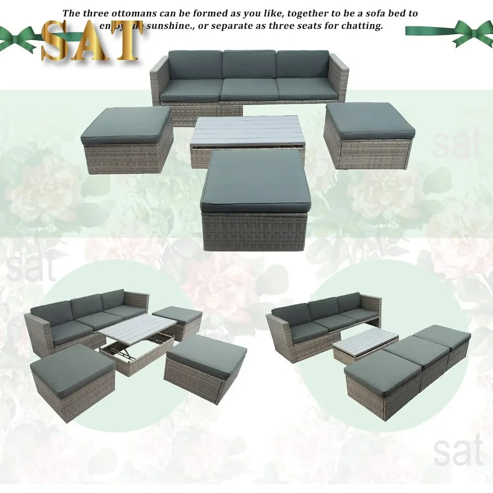 y 5-Piece Patio Furniture Sets with Adustable Backrest, Ottomans and Lift Top Coffee Table, All Weather Waterproof Wicker