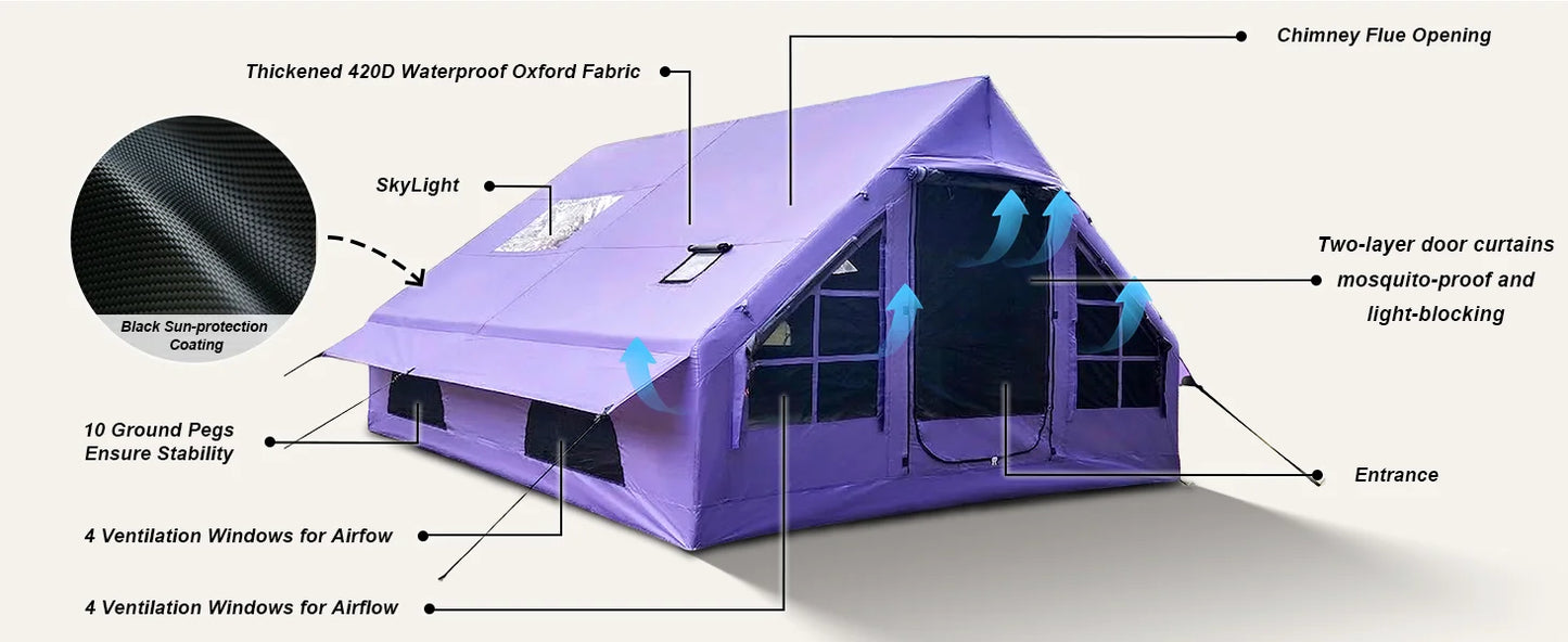 129 Sq Ft Large Inflatable Camping Tent Waterproof Oxford Air Tent House with Hand Pump 4 Season Sunproof Glamping Family Tent