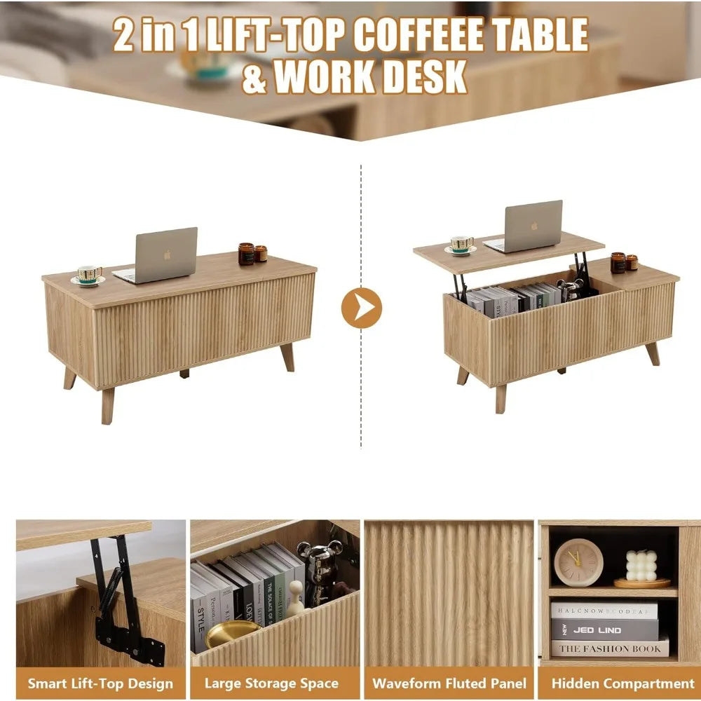 Wooden Fluted Lift Top Coffee Table with Hidden Compartment, Modern Rectangle Center Tables with Adjustable Storage Shelf, Lift