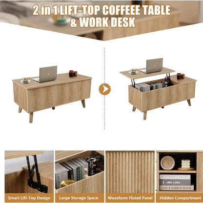 Wooden Fluted Lift Top Coffee Table with Hidden Compartment, Modern Rectangle Center Tables with Adjustable Storage Shelf, Lift