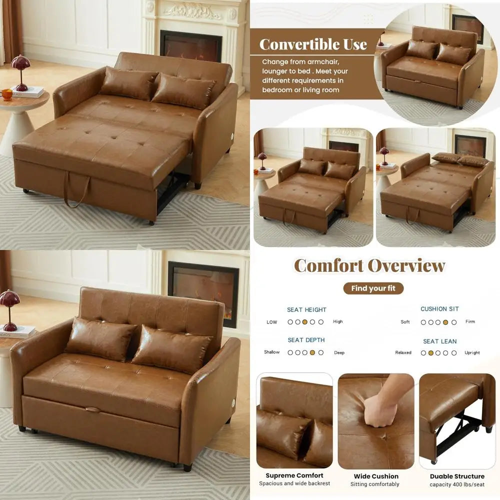 Oversized Adjustable Armchair Sleeper Sofa with USB Ports, Convertible Leather Sofa Bed for Apartments