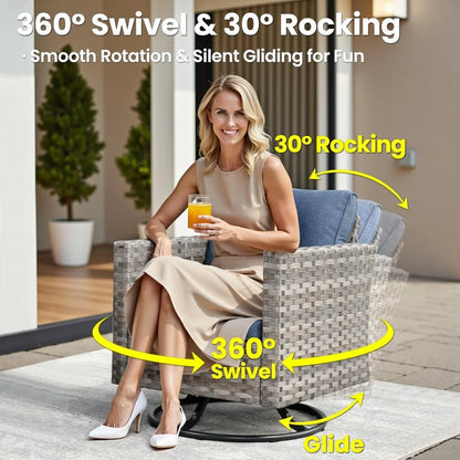 Patio Rocking Chair, Outdoor Wicker Rattan Chair with Comfortable Cushions and Deep Seat for Porch Garden Deck, Denim Blue