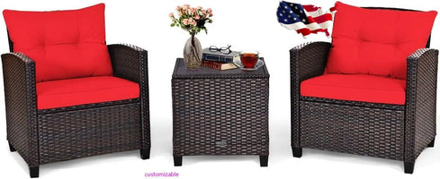 NEW-3 Pieces Patio Furniture Set, PE Rattan Wicker 3 Pcs Outdoor Sofa Set w/Washable Cushion and Tempered Glass Tabletop, (Red)