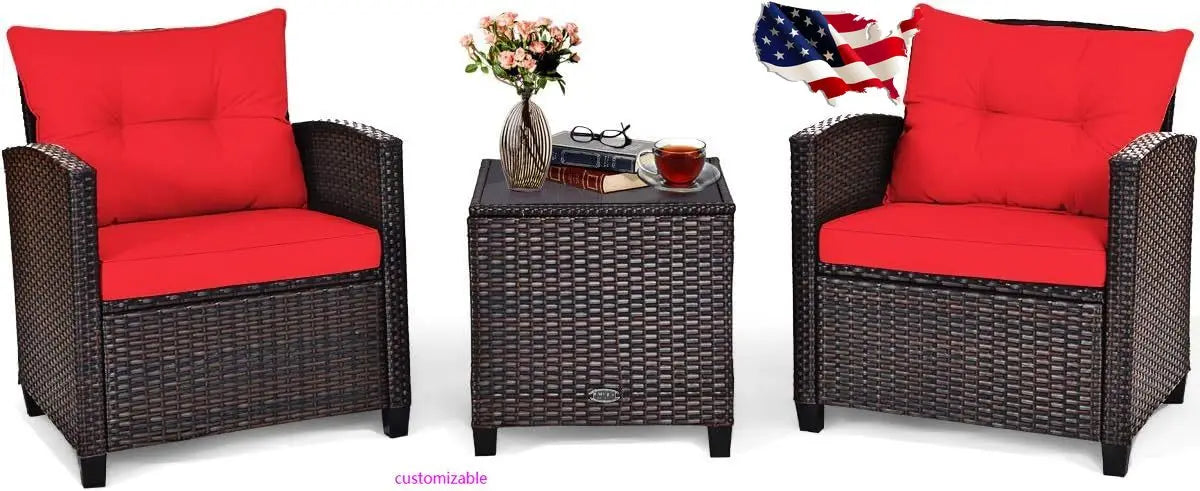 NEW-3 Pieces Patio Furniture Set, PE Rattan Wicker 3 Pcs Outdoor Sofa Set w/Washable Cushion and Tempered Glass Tabletop, (Red)