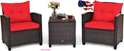 NEW-3 Pieces Patio Furniture Set, PE Rattan Wicker 3 Pcs Outdoor Sofa Set w/Washable Cushion and Tempered Glass Tabletop, (Red)