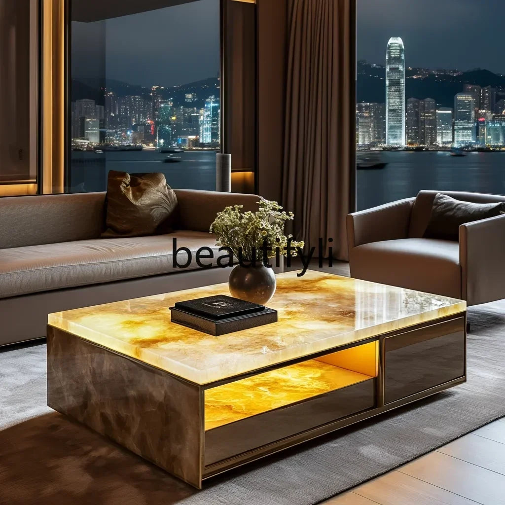 11Customized square modern luminous jade coffee table living room design large flat luxury stone villa marble home