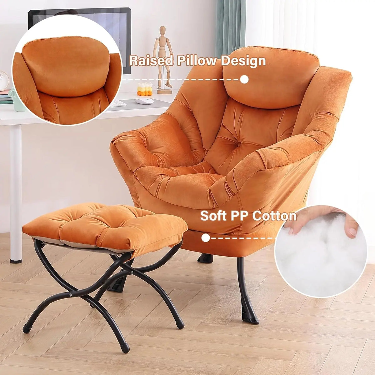Modern Velvet Lounge Chair with Ottoman, Comfy Reading Armchair for Living Room Bedroom Dorm Garden