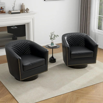 Faux Leather Barrel Accent Chairs Set of 2, Round Club Chair Modern Upholstered Armchair for Living Room, Comfy Nailed Trim Arm
