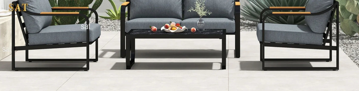 v Metal Patio Furniture Set, 4 Pieces Outdoor Conversation Set with Thick Cushion Modern Patio Chat Sofa Set for Balcony  rattan