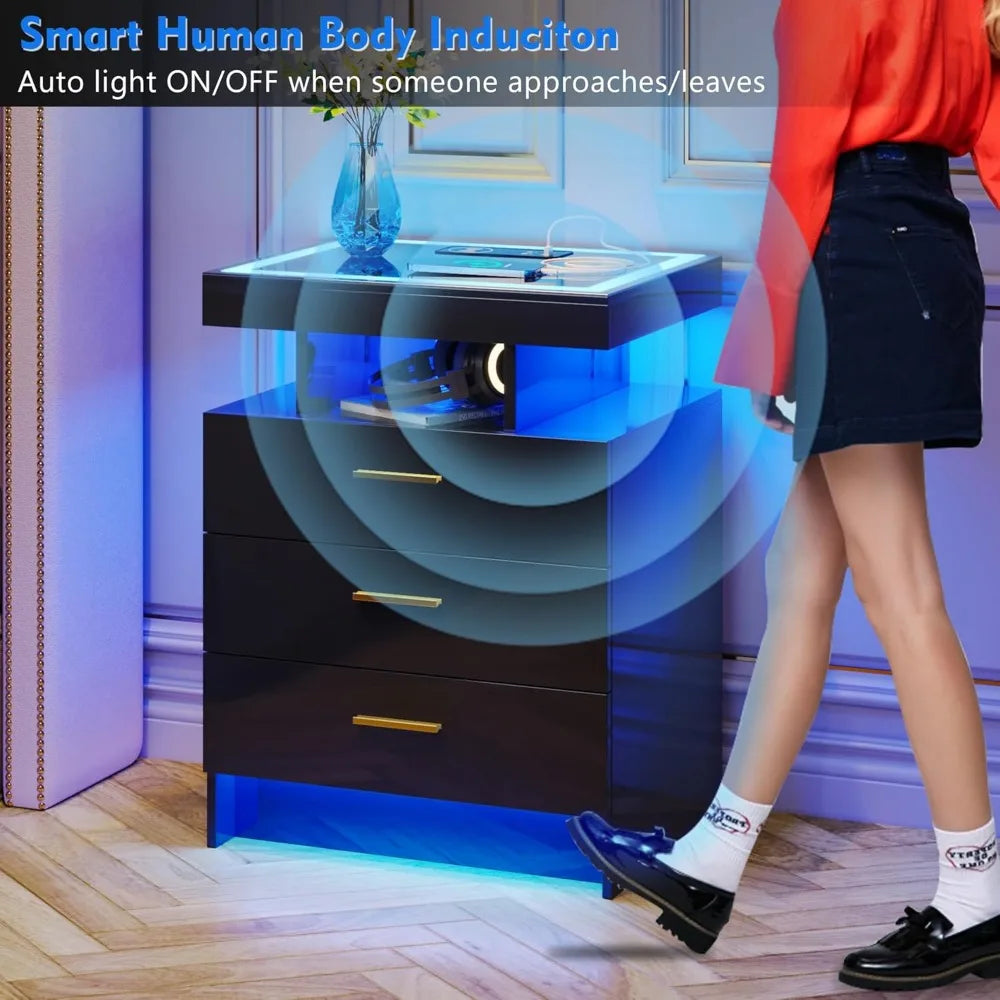 2 Set Nightstands with Wireless Charging Station, Auto Sensor 3 Color Dimmable LED Night Stand, Modern Bedside Table with 3 Dra