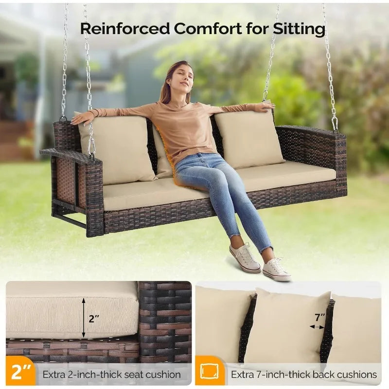 5FT Wicker Porch Swing for 3 Person, 1000lb Capacity Outdoor Hanging Bench with 3 Removable Cushions, Handwoven Weather-Resistan