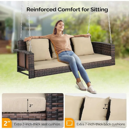 5FT Wicker Porch Swing for 3 Person, 1000lb Capacity Outdoor Hanging Bench with 3 Removable Cushions, Handwoven Weather-Resistan