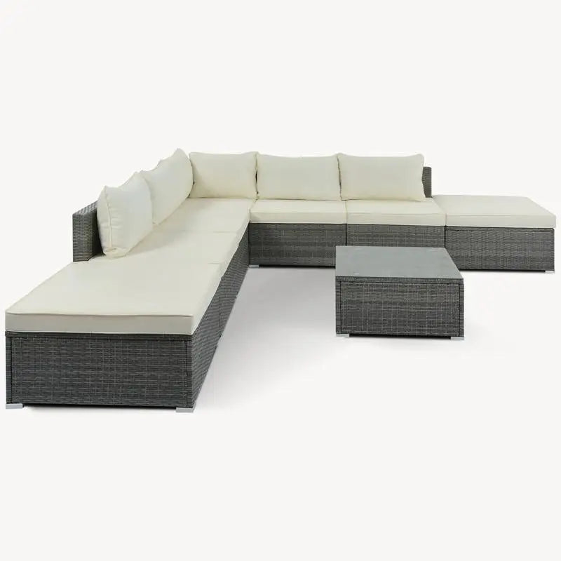 8-Piece Outdoor Patio Furniture Set, Garden Conversation Wicker Sofa, Combinable Single Sofas with Beige Cushions and Gray