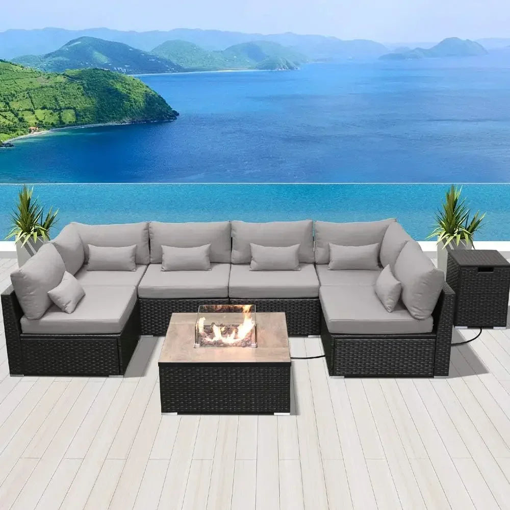 Fire Table Set Sectional Outdoor Furniture Propane Firepit Dark Brown Rattan Outdoor Sofa Set (with a rectangular/square table)