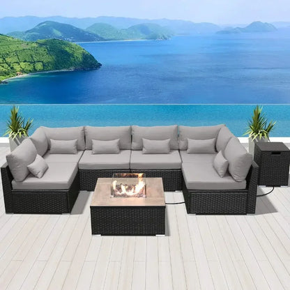 Fire Table Set Sectional Outdoor Furniture Propane Firepit Dark Brown Rattan Outdoor Sofa Set (with a rectangular/square table)
