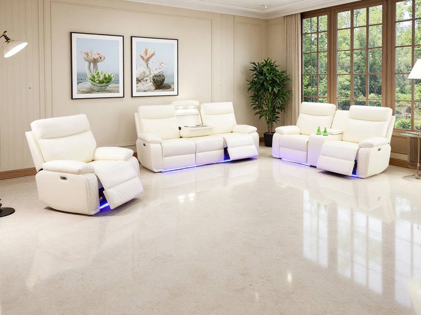 3PCS Power Recliner Sofa with Drop-Down Table Cup Holder, Beige Breathing Leather Power Reclining Sofa Set with Storage Console