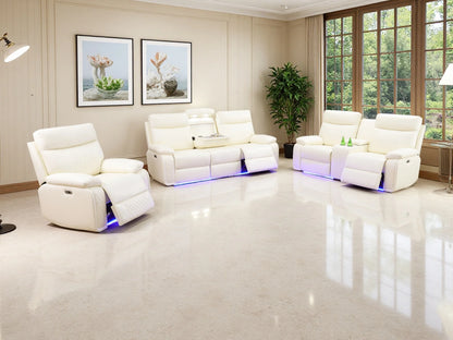 3PCS Power Recliner Sofa with Drop-Down Table Cup Holder, Beige Breathing Leather Power Reclining Sofa Set with Storage Console