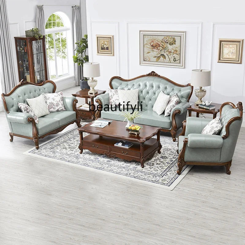 American leather sofa all solid wood combination living room European double triple sofa