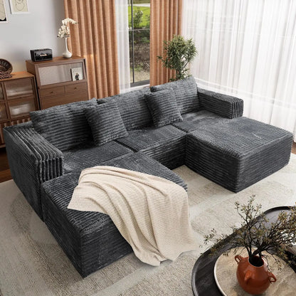 110 Corduroy Modular Sectional Boneless Sofa with 2 Ottomans, Convertible Cloud Couch with Deep Seats, Fluffy Memory Foam U Shap