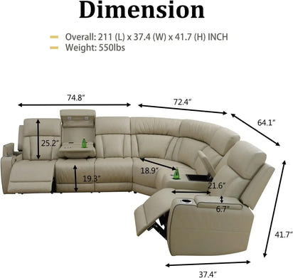 Power Reclining Sectional Sofa USB Chargers and Storage Console, Leather Recliner Sofa for Living Room Furniture Set