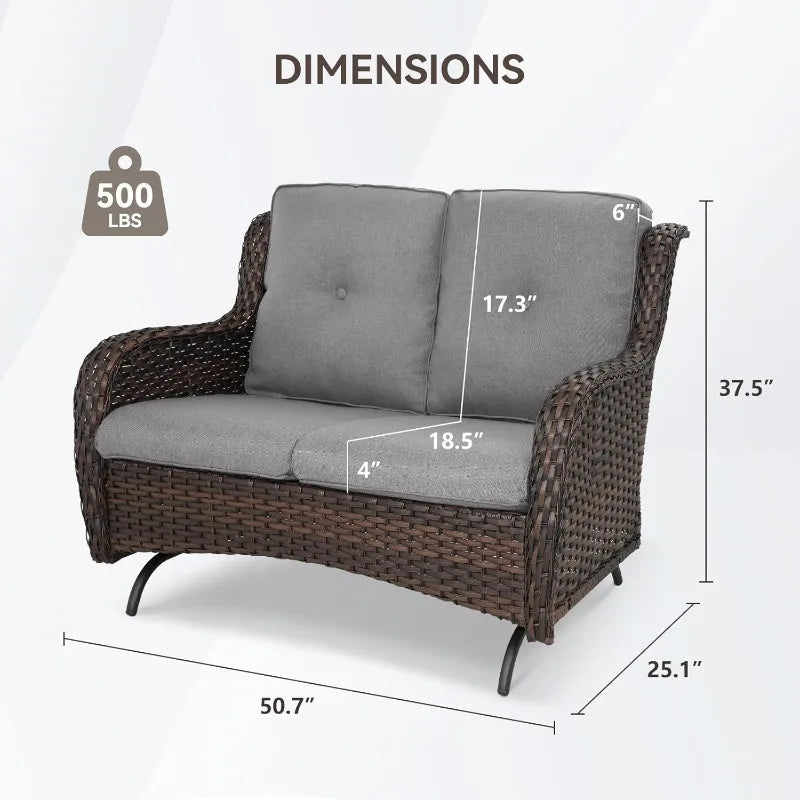 Patio Loveseat Wicker Loveseat Rattan Glider Sofa with Curved Armrest Thicking Back & Seat Cushions for Garden Balcony Backyard