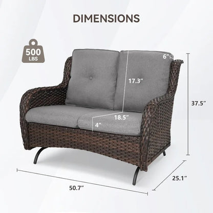 Patio Loveseat Wicker Loveseat Rattan Glider Sofa with Curved Armrest Thicking Back & Seat Cushions for Garden Balcony Backyard