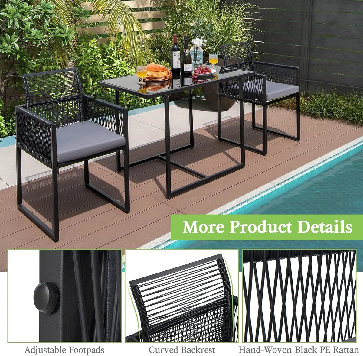 3-Piece Outdoor Dining Set with Folding Chairs, Cozy Cushions, and Tempered Glass Table for Backyard and Poolside