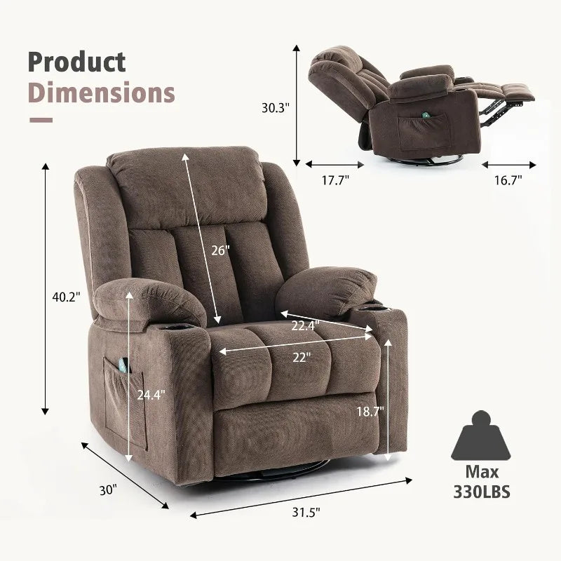 Ketaiyou Rocker Swivel Recliner Chair for Adults, Overstuffed Large Manual Recliner Glider with Massage and Heat, Comfy Soft