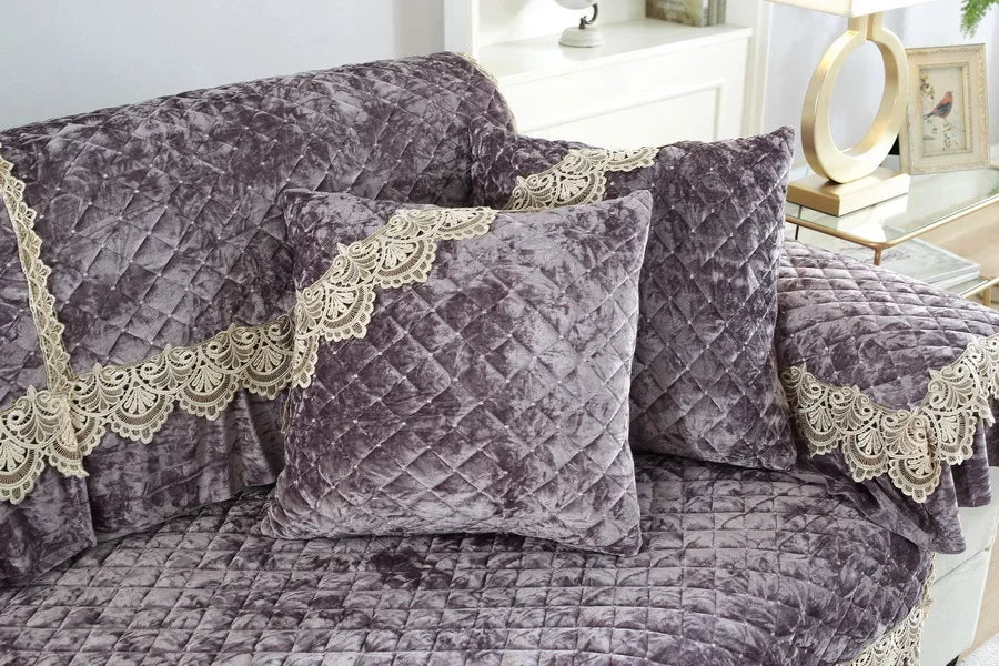 Embroidery Lace Sofa Cushion Gold Velvet Hemline Sofa Cover Autumn Winter European Couch Cover Solid Color Checkered Sofa Mat