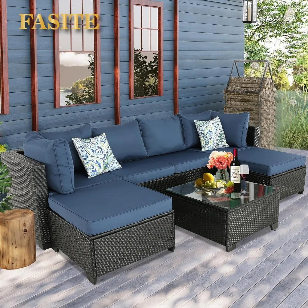 Garden Furniture 7 Pieces Set, Patio Furniture PE Wicker Sets with Washable Cushions Glas Coffee Table, Garden Furniture Set