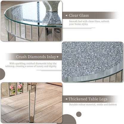 Luxury Coffee Table 80CM Round Mirrored Center Table with Crystal Diamonds, Inlay Accent Side Table for Living Room, Bedroom