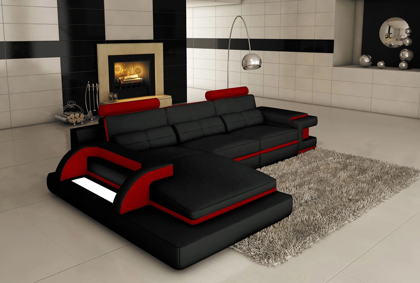 Italian Leather Sectional Sofa Set Red Black L-Shape Living Room Furniture for Office or Apartment Genuine Leather Material