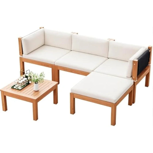 5 Pieces Acacia Wood Outdoor Sectional Sofa Set with Coffee Table, Outdoor L-Shaped Couch with All-Weather Cushion for Pa
