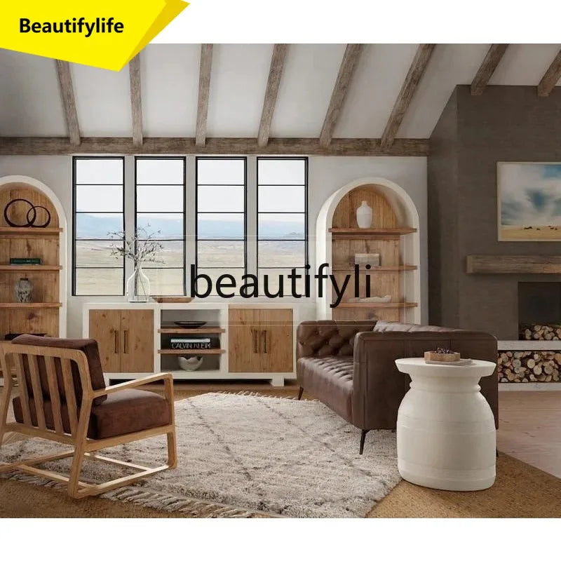 Retro solid wood simple bookcase American country white arched bookshelf display study floor locker