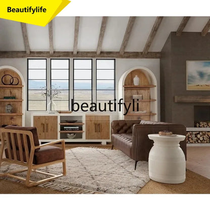 Retro solid wood simple bookcase American country white arched bookshelf display study floor locker