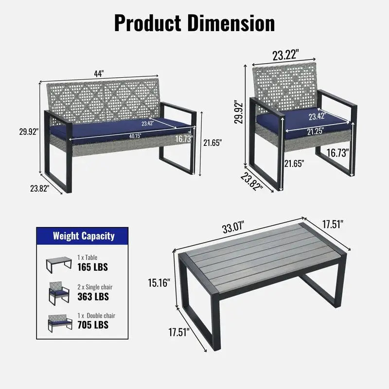 4-Piece Outdoor Patio Furniture Set for Balcony Garden Lawn, Gray Acacia Wood Table, Blue Cushions, Light Gray Rattan