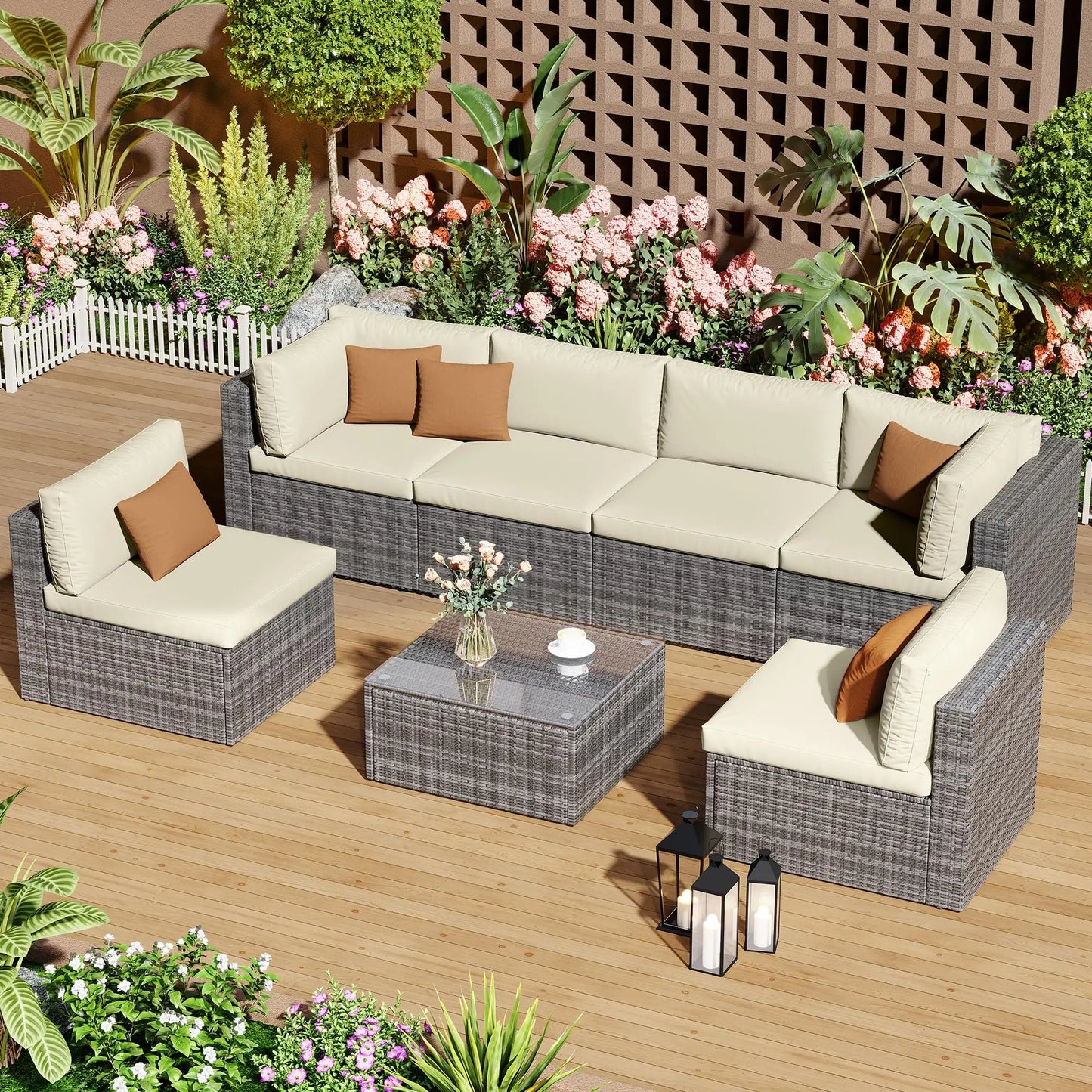 7-Piece Modular Garden Furniture Set, Wicker Outdoor Combination Sofa, With All-Weather Garden Session Set