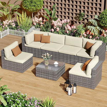 7-Piece Modular Garden Furniture Set, Wicker Outdoor Combination Sofa, With All-Weather Garden Session Set