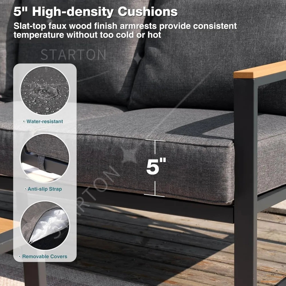 6 Pieces Outdoor Sectional Sofa Set Metal Patio Furniture Set,  with Side Table, L Shape Patio Conversation Set with Faux-Wood