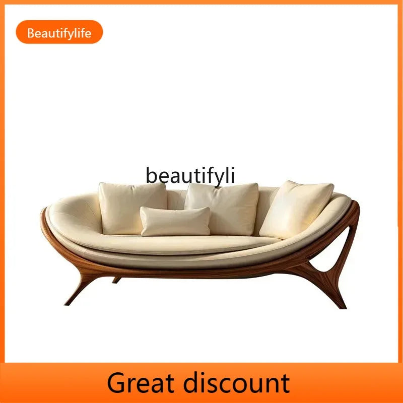 a3813  New Chinese-style solid wood sofa living room modern simple small apartment leather recliner sofa lazy chair