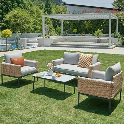 4-Piece Wicker Patio Furniture Set, All-Weather Rounded Rattan Conversation Set Sectional Sofa with 5'' Thick Cushions