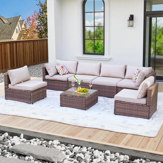 7 Pieces Patio Furniture Set - All-Weather Outdoor Wicker Sectional Conversation Sofa, Rattan Patio Seating Sofa, Customized