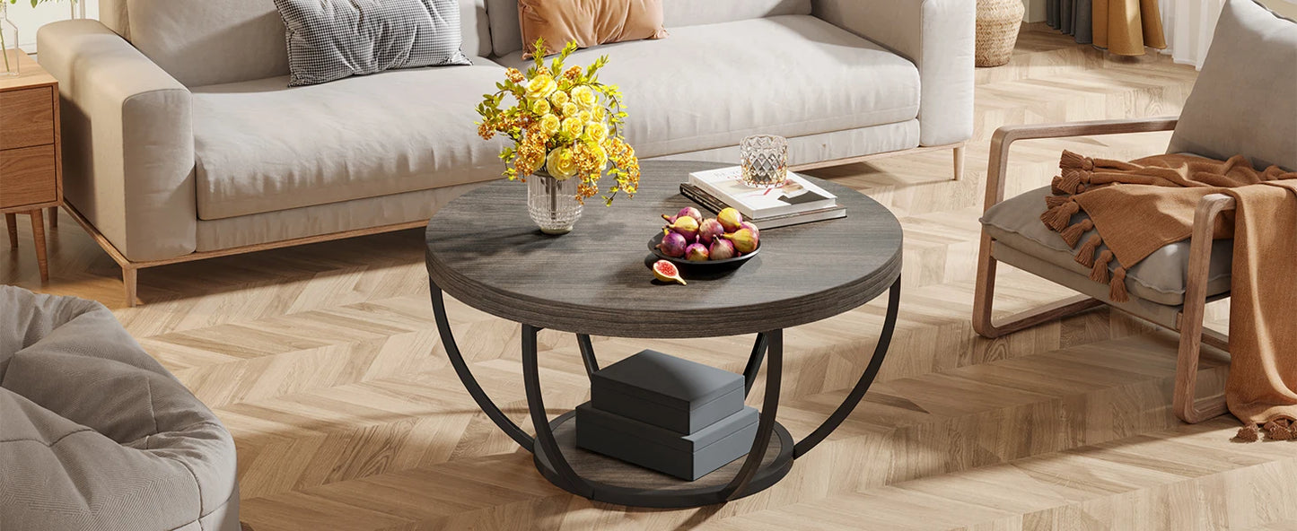 Tribesigns 31.7" Round Coffee Table, Industrial 2-Tier Circle Coffee Table with Storage Shelves, Modern Wooden Sofa Side Table