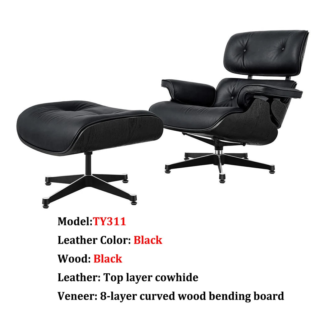 Replica Mid Century Tall Size Chaise Genuine Leather Lounge Chair With Ottoman Black Walnut and Palisander Living Room Chairs