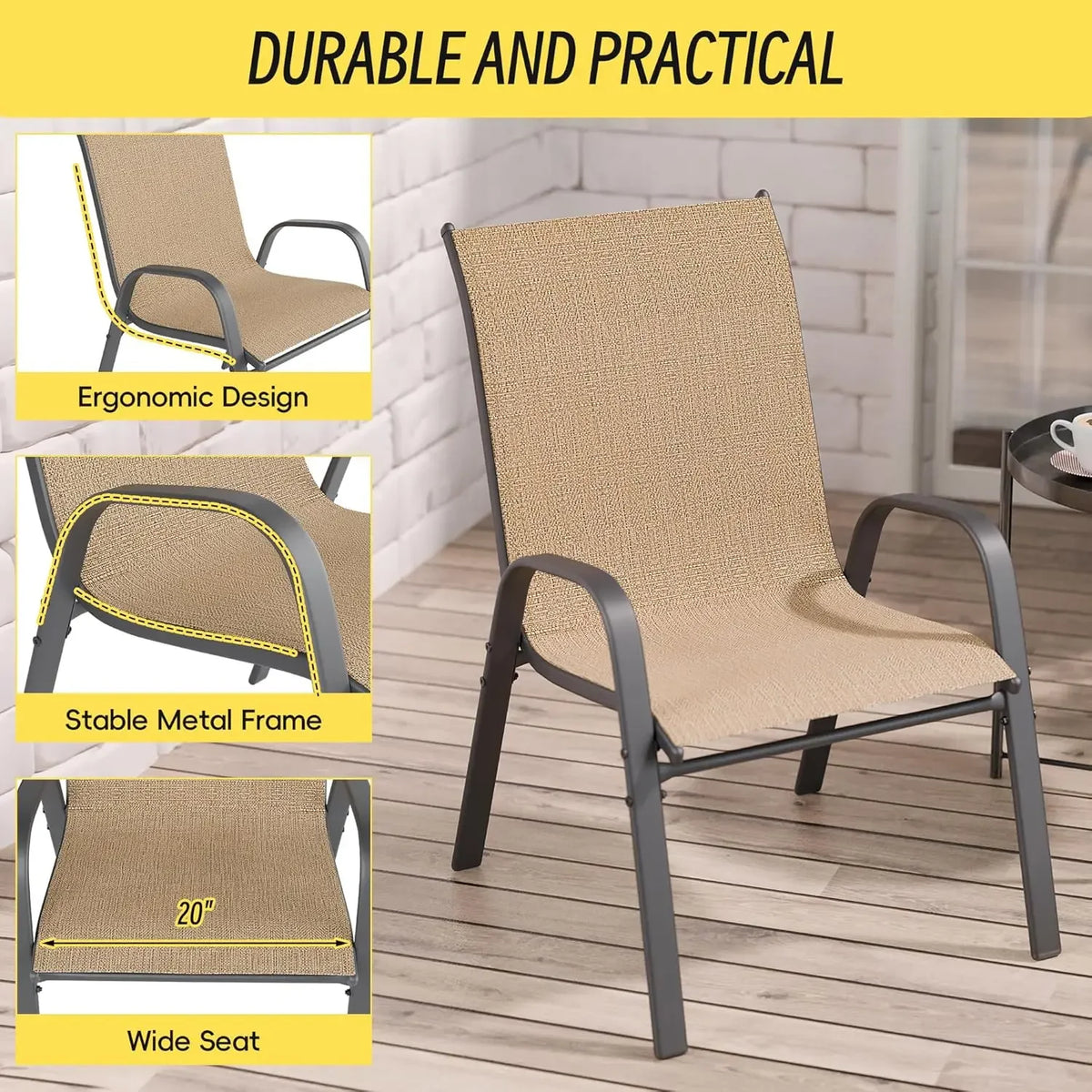 Patio Chairs Set of 4, Stackable Outdoor Dining Chairs Set with Breathable Seat Fabric, All-Weather Powder-Coated Metal